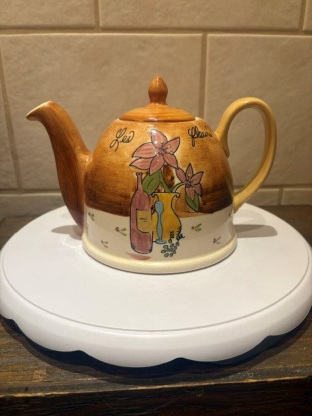 Vintage "Les Fleurs" Canhome Global Hand painted Ceramic Teapot Made in Thailand